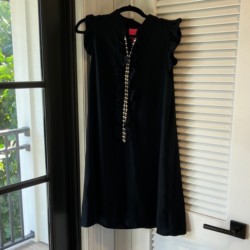 Lilly Pulitzer Adele Shift Black Dress with Ruffle and Pearl Details.